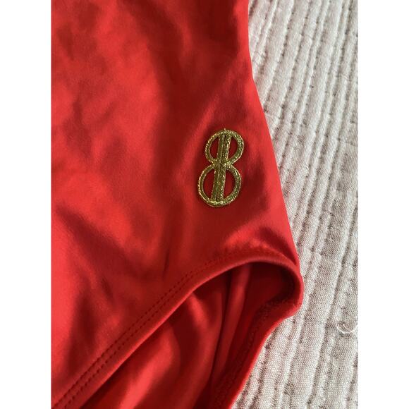 Vintage Bill Blass One Piece Red Swimsuit Women 6 Tank Solid Gold Logo High Cut - Picture 13 of 14